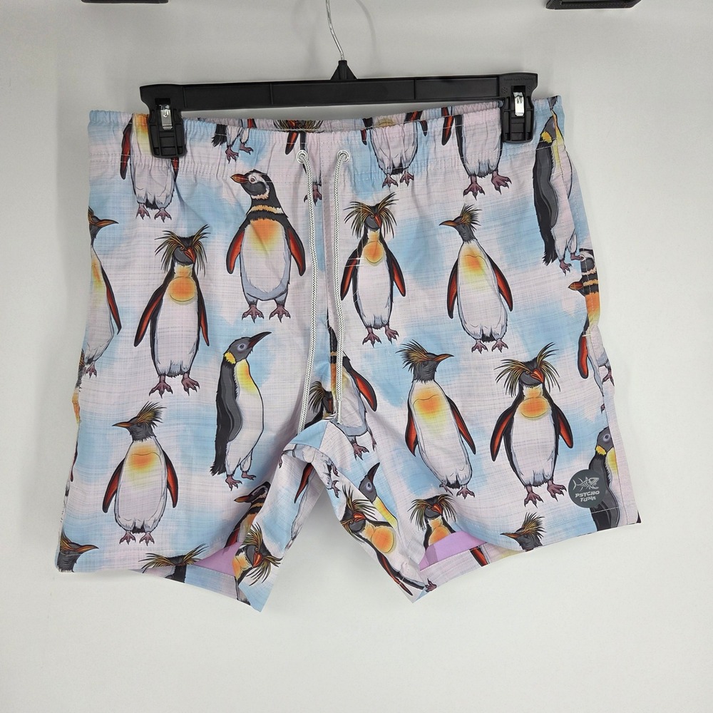 Psycho Tuna Mens Penguin Print Swim Trunks Blue White Mesh Lined Board Shorts L